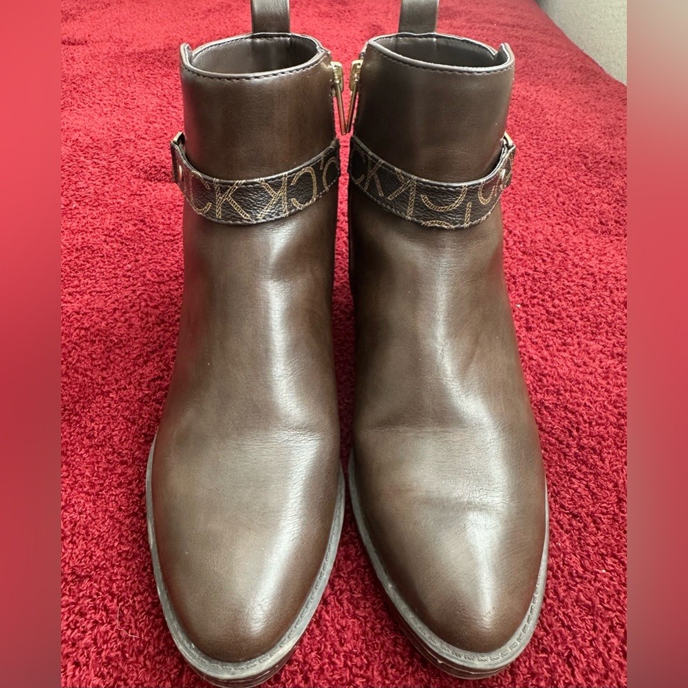 Calvin Klein Brown Ankle Booties with Logo Strap